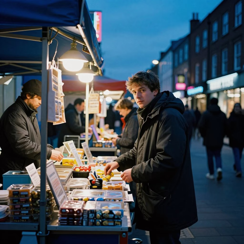 Bristol After Dark Night Market Stall Under Mixed City Light in in Bristol, United Kingdom