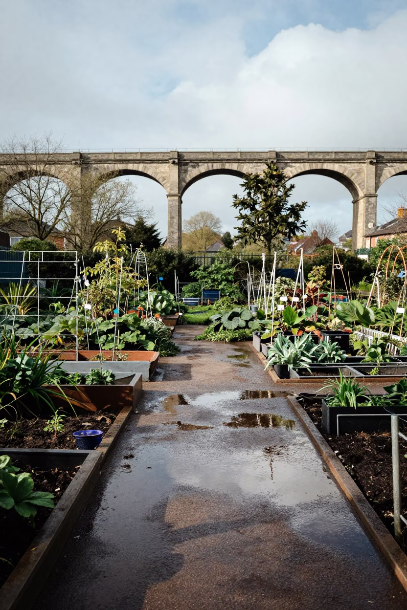Bristol Allotment Gardens Viaduct Shadow Cutting Across Rain Puddles Under Noon Glare in in Bristol, United Kingdom