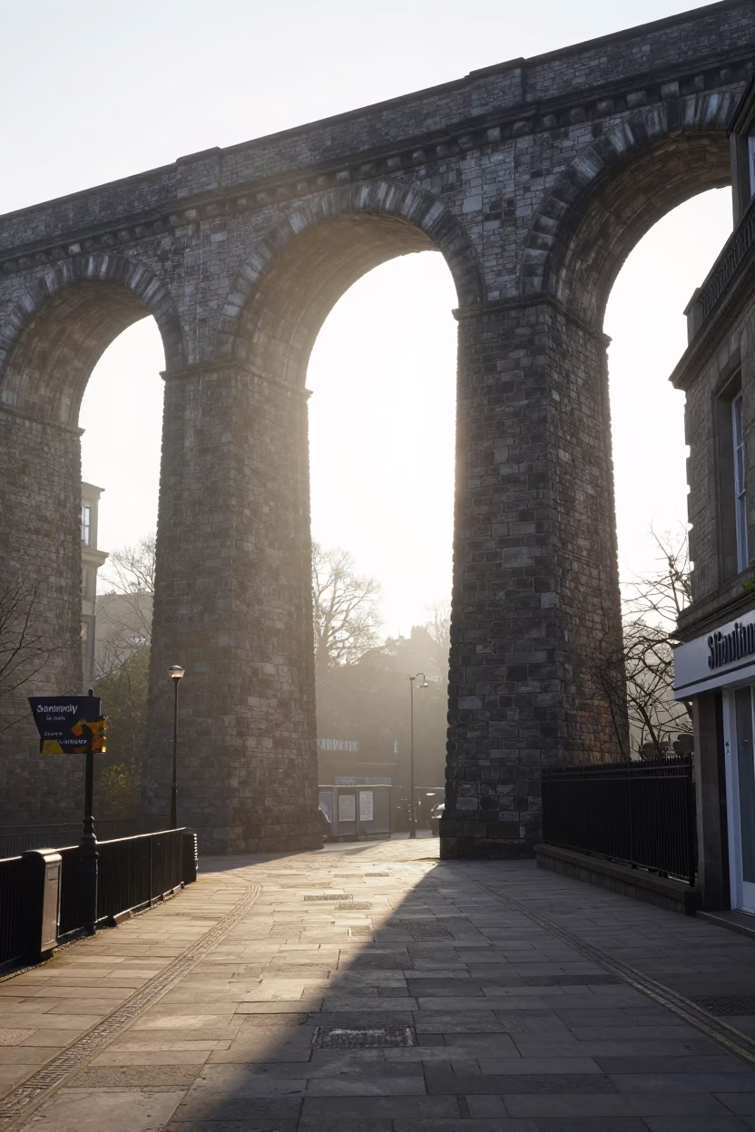 Bristol Aqueduct Arcade Vanishing Into Haze First Light Street Scene in in Bristol, United Kingdom
