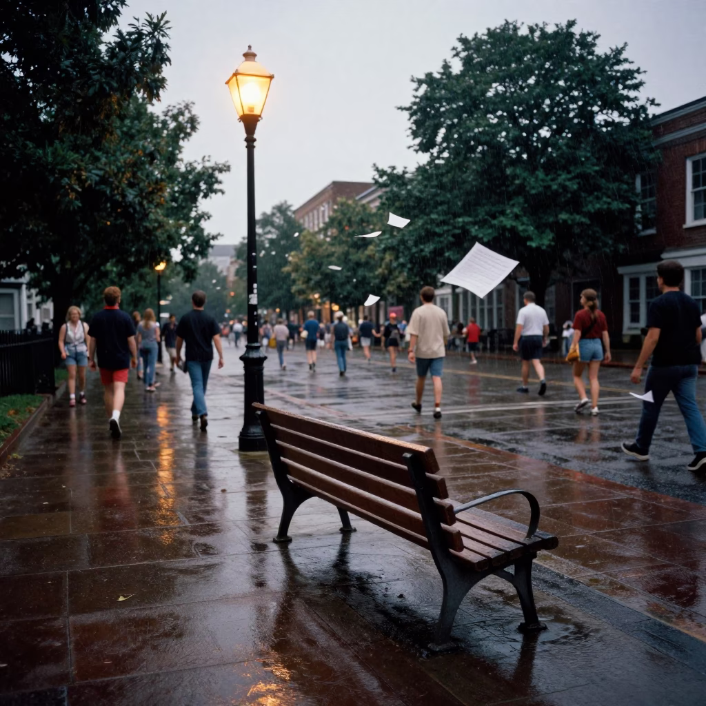 Bristol Bench Amber Light After Rain Early Summer in in a public square in Bristol