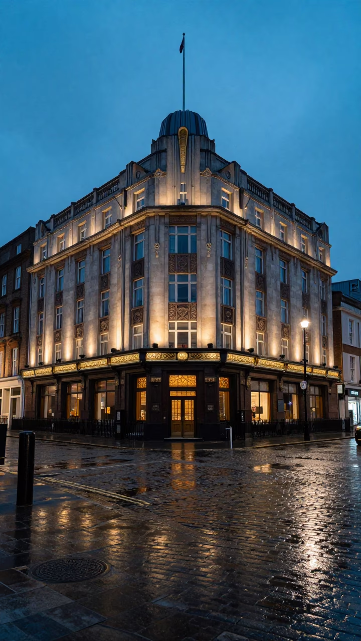 Bristol Blue Hour Art Deco Hotel Facade and Wet Cobblestone Street Scene in in Bristol, United Kingdom
