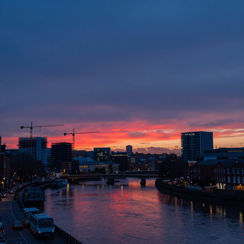 Bristol Blue Hour Cityscape with Red Sky Reflections and River Traffic in in Bristol, United Kingdom