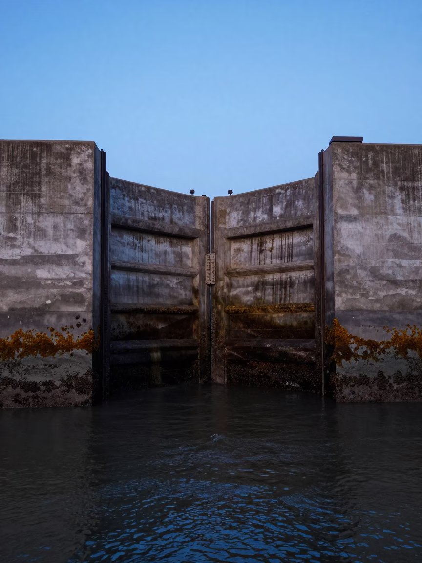 Bristol Blue Hour Floodgate Chamber Algae Concrete and Harbor Water in in Bristol, United Kingdom
