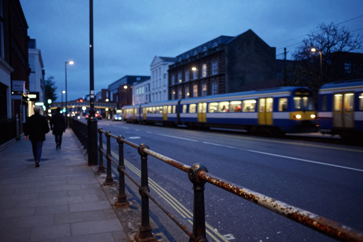 Bristol Blue Hour Street Scene with Commuter Train Crossing Bridge and Rusty Details in in Bristol, United Kingdom
