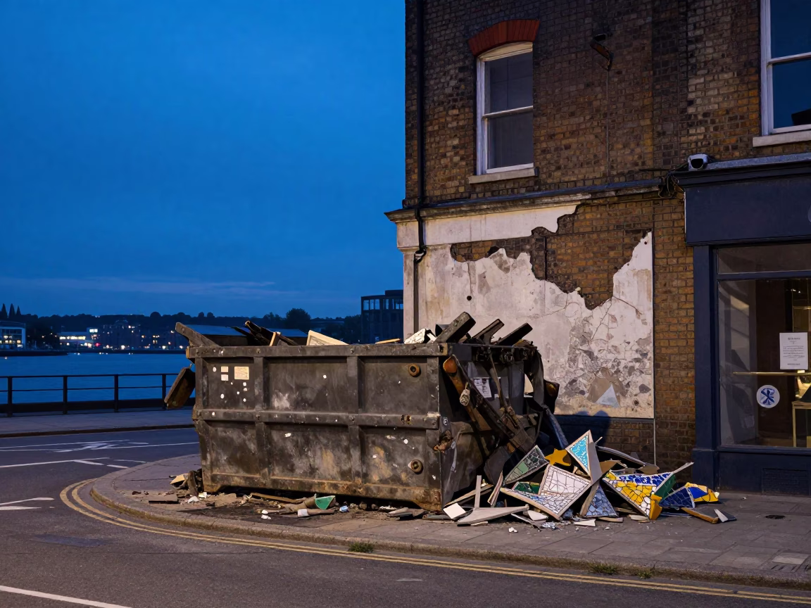 Bristol Blue Hour Street Scene with Demolition Dumpster and Mosaic Fragments in in Bristol, United Kingdom