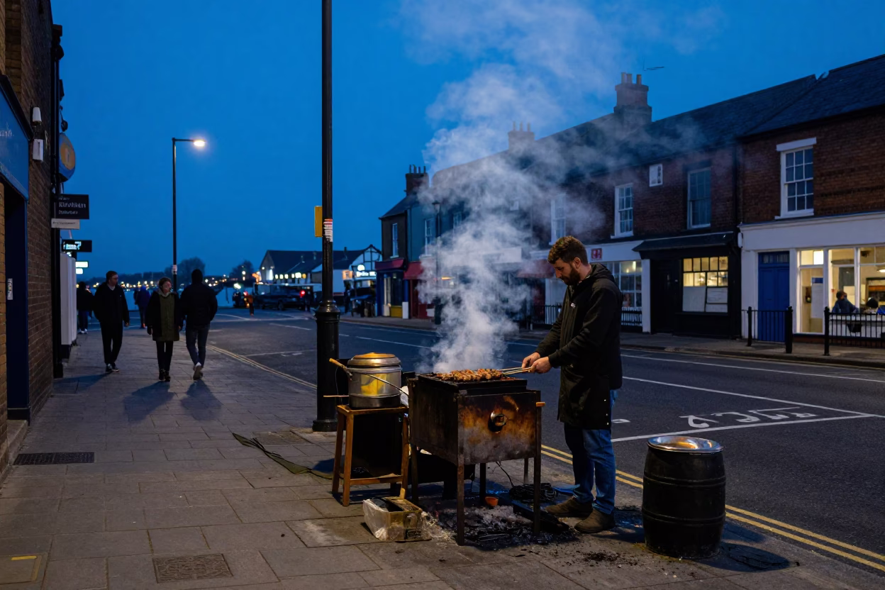 Bristol Blue Hour Street Scene with Kebab Grilling Near Tidal Channel in in Bristol, United Kingdom