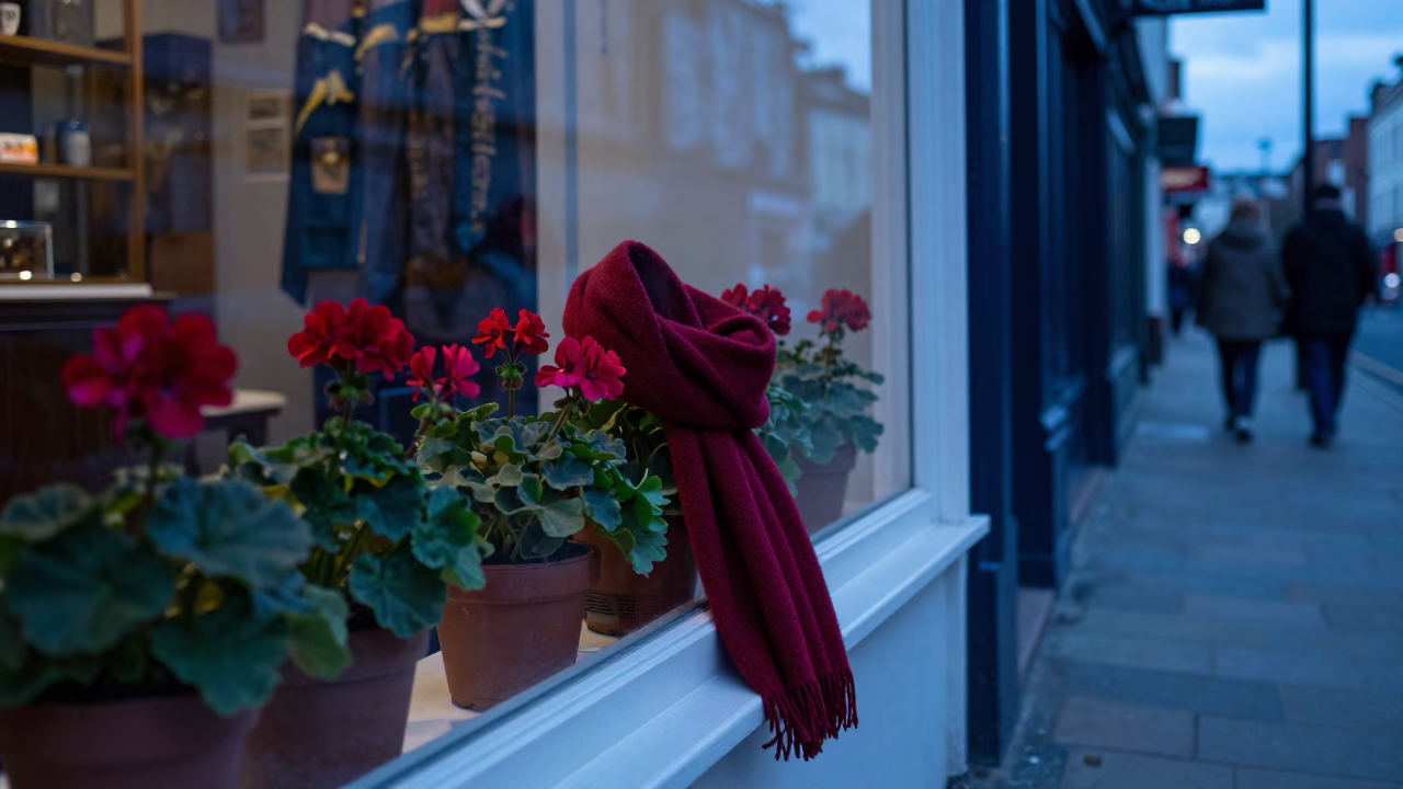 Bristol blue hour street scene with potted geraniums and wool scarves in in Bristol, United Kingdom