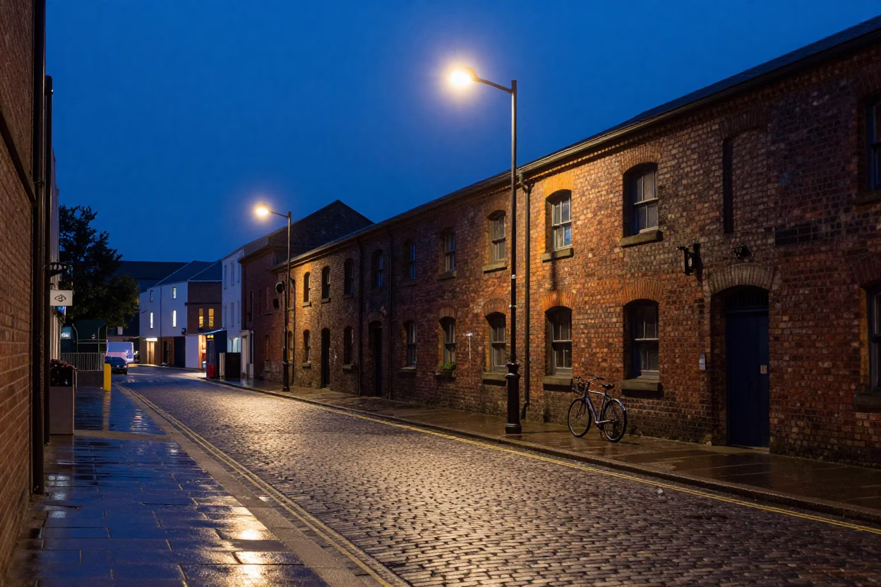 Bristol Blue Hour Street Scene with Pulley and Lamp Light in in Bristol, United Kingdom