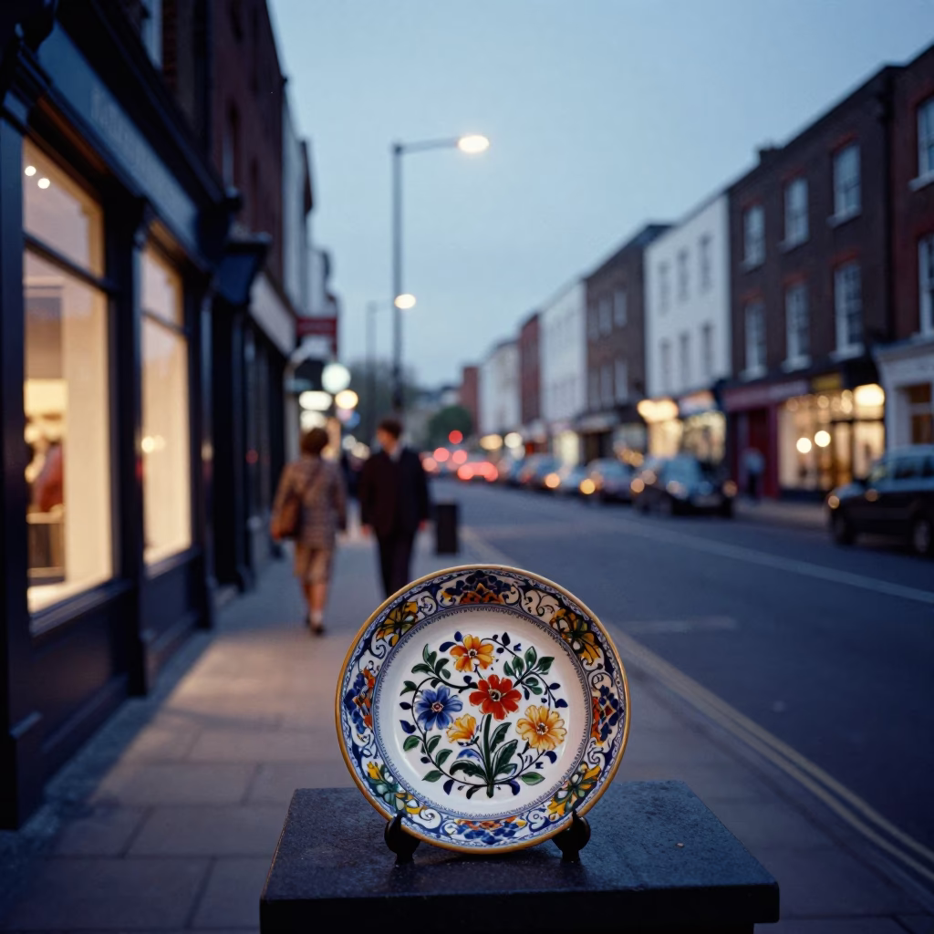 Bristol Blue Hour Street Scene with Vintage Majolica Plate and Urban Life in in Bristol, United Kingdom