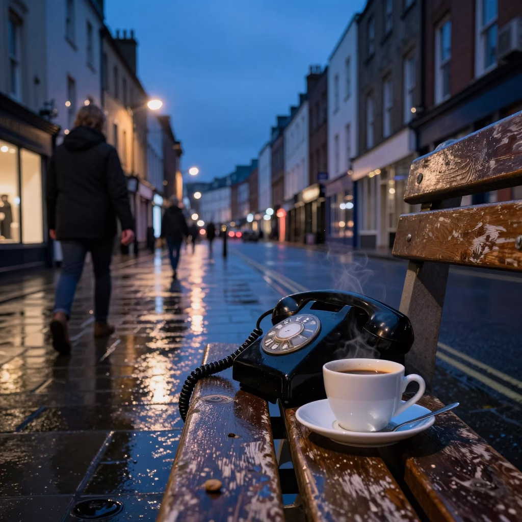 Bristol Blue Hour Street Scene with Vintage Telephone and Coffee Cup in in Bristol, United Kingdom