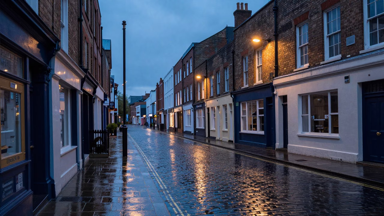Bristol Blue Hour Street Scene with Wet Pavement Reflections and Urban Architecture in in Bristol, United Kingdom
