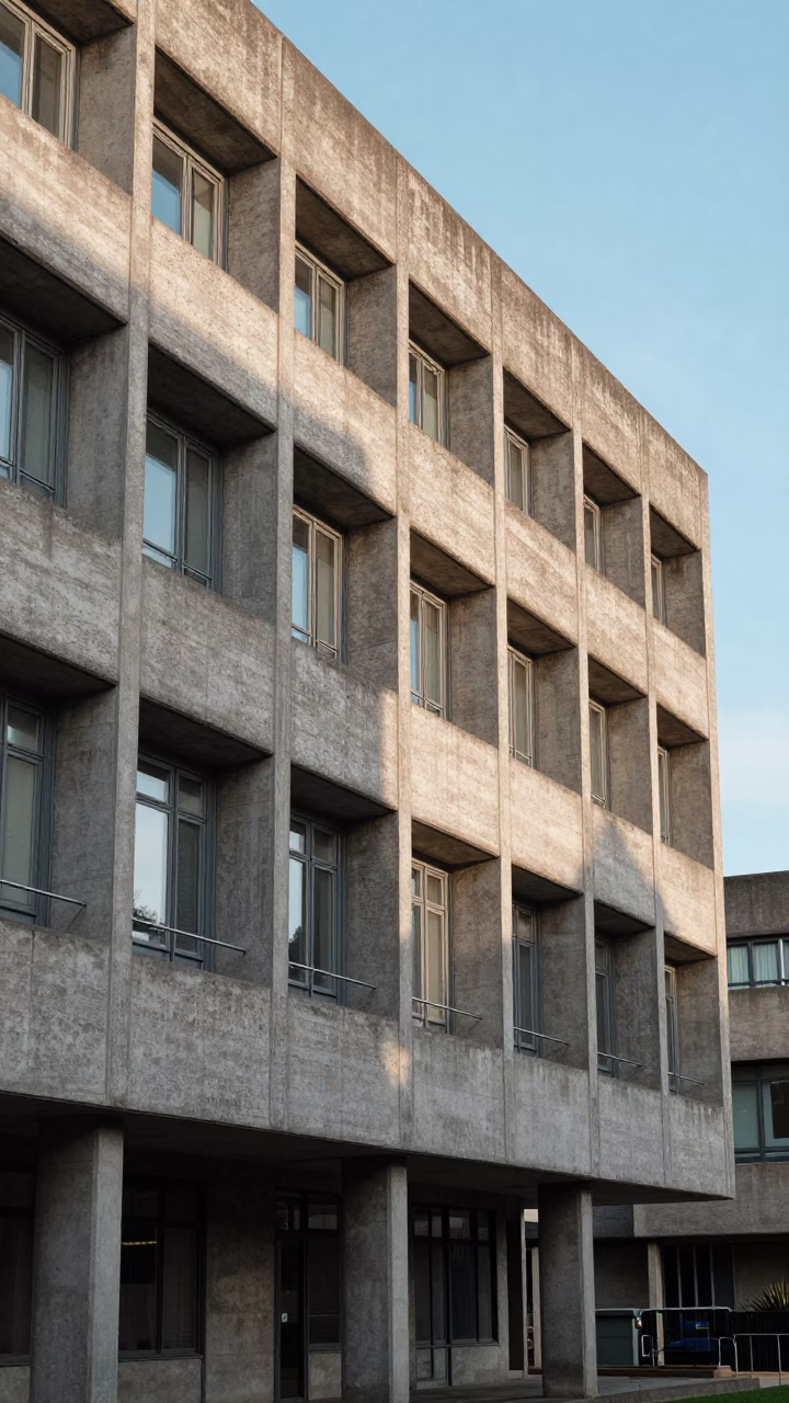Bristol Brutalist University Architecture Late Morning Concrete Building Exterior in in Bristol, United Kingdom
