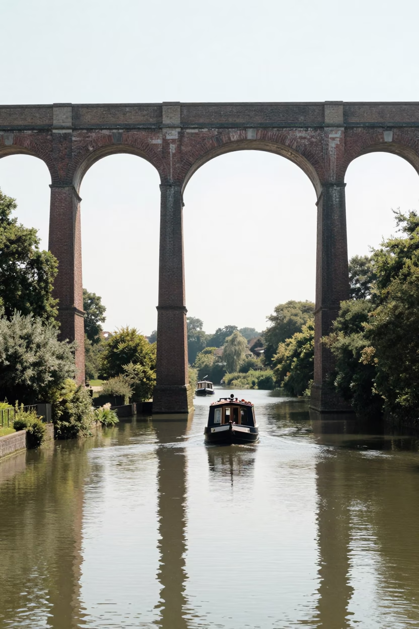 Bristol Canal Aqueduct at Noon with Vintage Boat and Summer Haze in in Bristol, United Kingdom