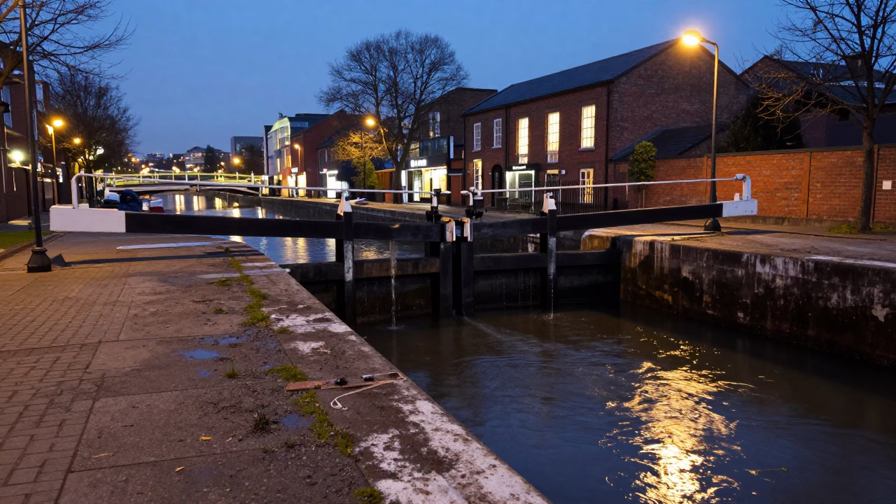 Bristol Canal Evening Scene with Sluice Gate and Urban Reflections in in Bristol, United Kingdom