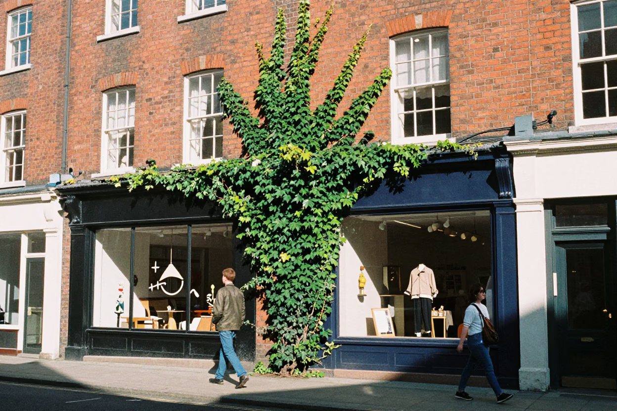 Bristol City Centre Midday Street Scene with Ivy and Brick Architecture in in Bristol, United Kingdom