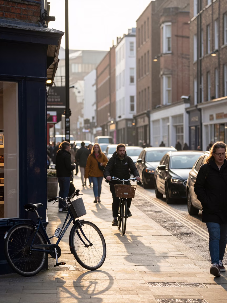 Bristol City Centre Morning Commute with Bicycle and Bakery at First Light in in Bristol, United Kingdom