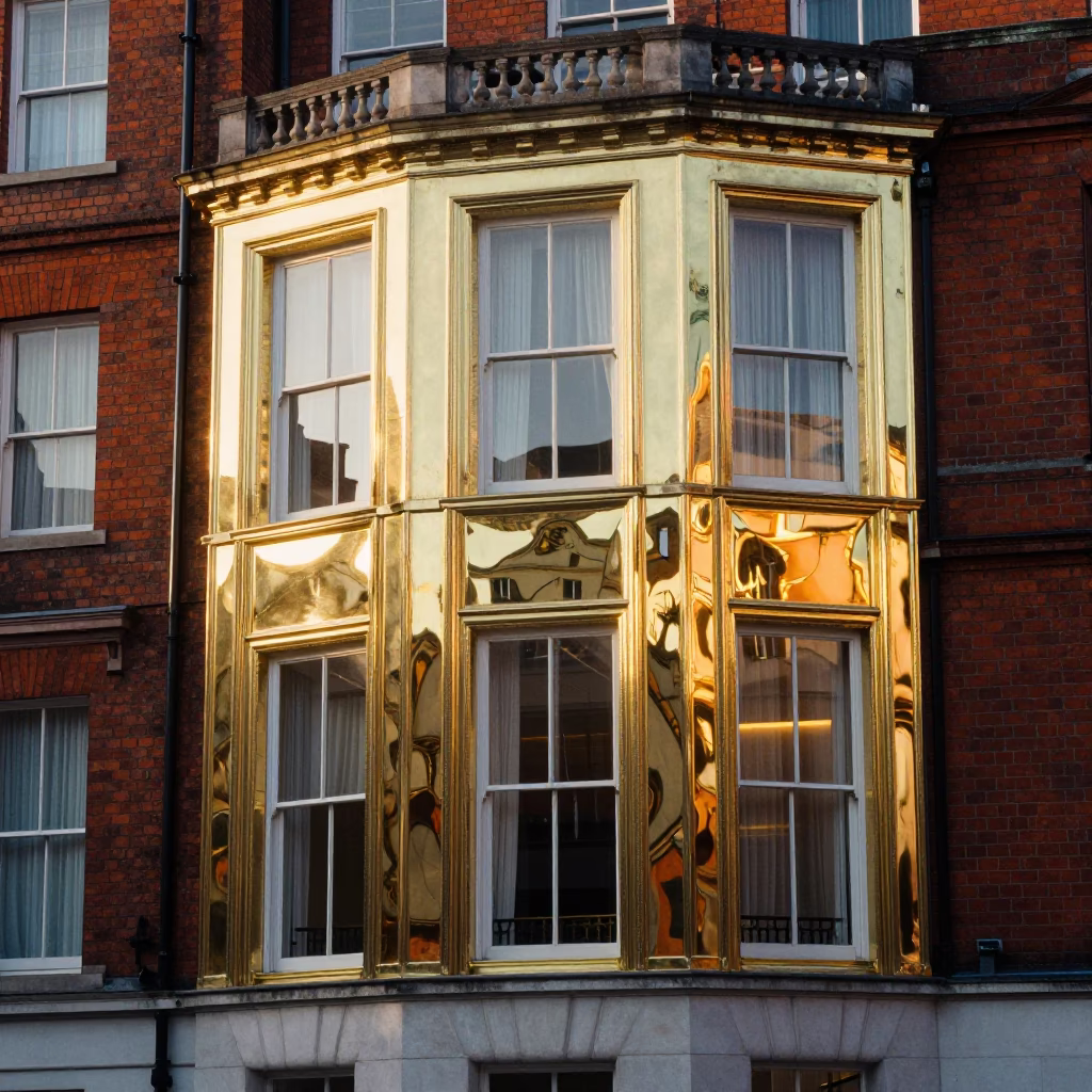 Bristol City Centre Morning Light Reflects on Polished Brass Window Frames of Georgian Architecture in in Bristol, United Kingdom