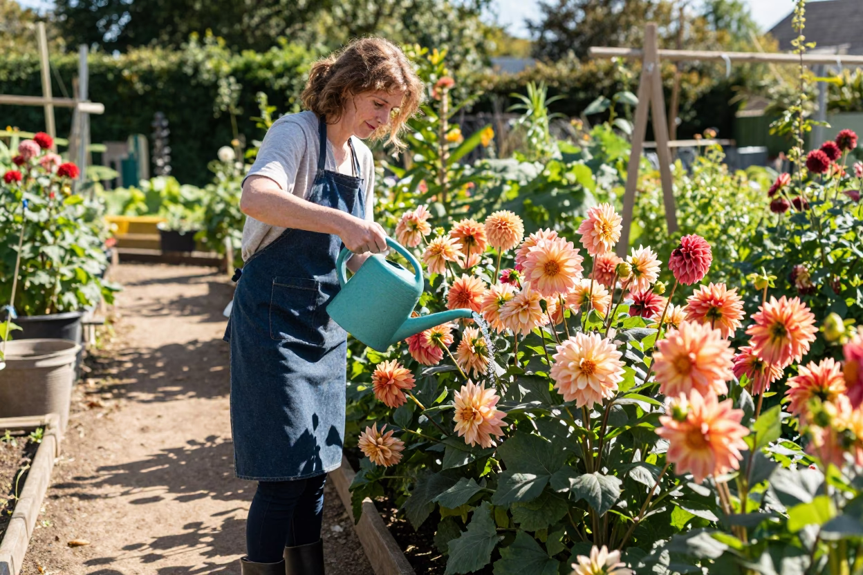 Bristol City Garden Enthusiast Tending Dahlia Blooms with Watering Can at Midday in in Bristol, United Kingdom