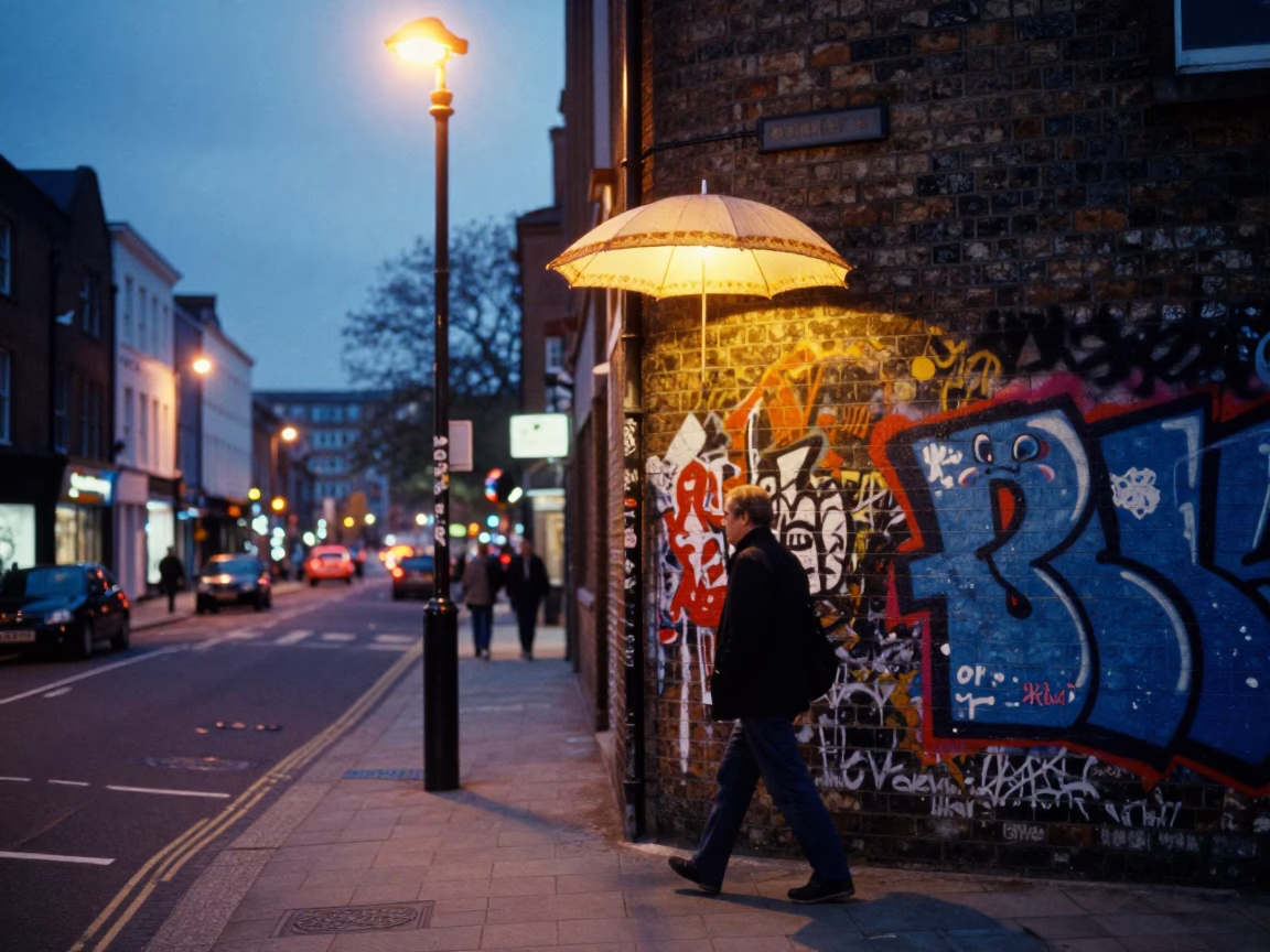 Bristol City Lights Glow at Dusk with Vintage Umbrella and Street Scene in in Bristol, United Kingdom
