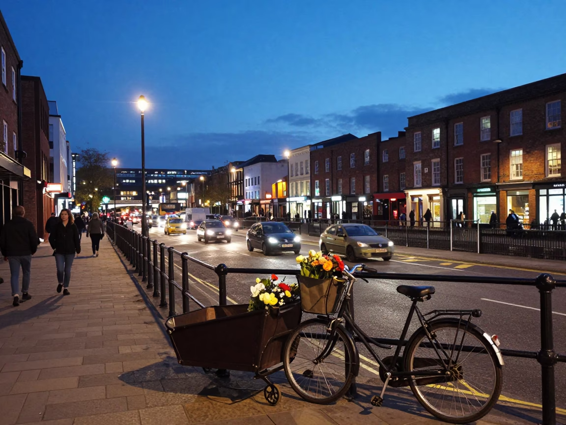 Bristol City Lights Glow Over Busy Harbourside Street Scene with Vintage Details in in Bristol, United Kingdom