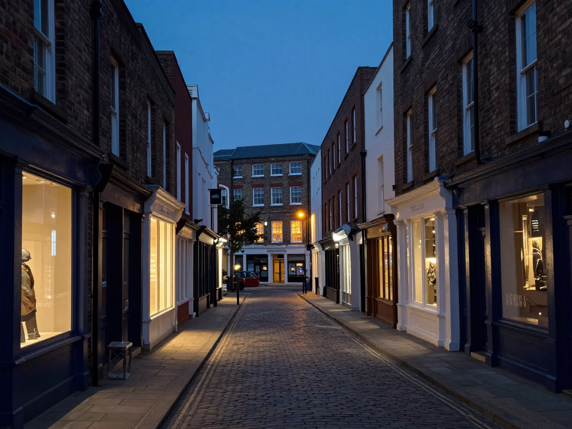 Bristol City Lights Glow Over Historic Harbour Street Scene at Dusk in in Bristol, United Kingdom