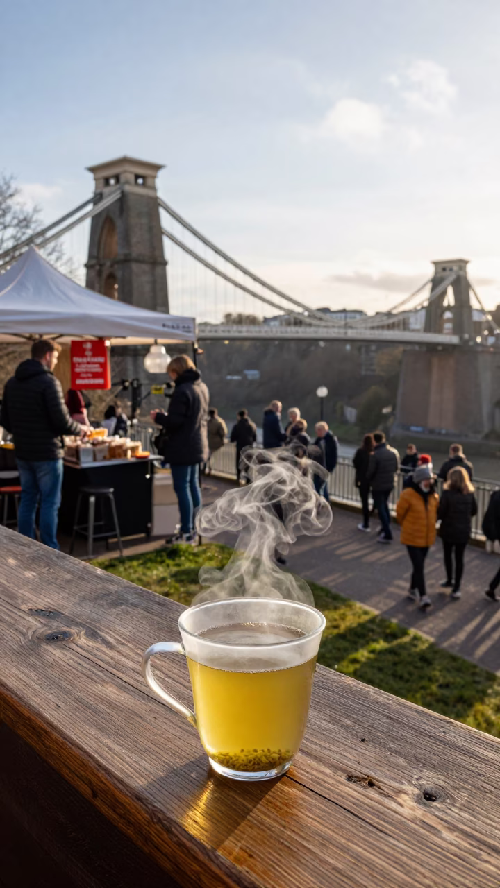 Bristol Clifton Suspension Bridge View with Steaming Genmaicha Tea and Concrete Viaduct in in Bristol, United Kingdom