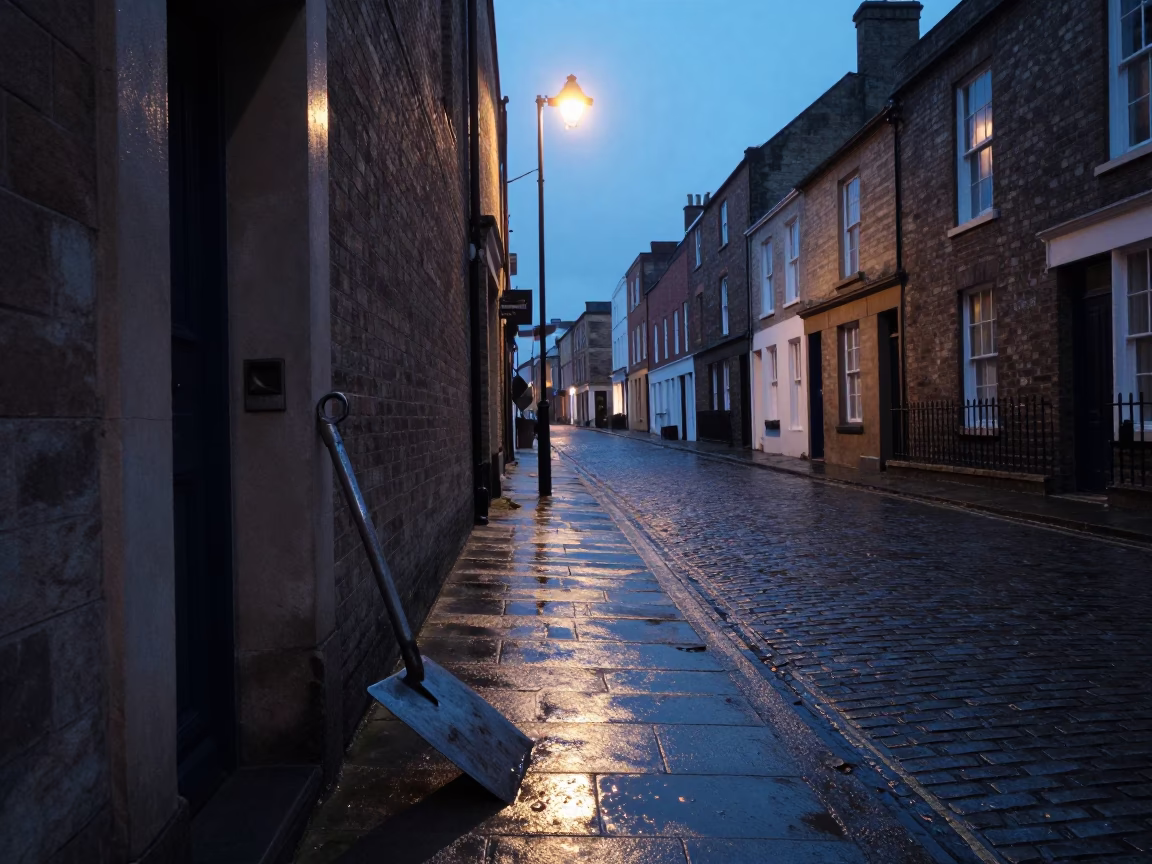 Bristol Dawn Street Scene with Boot Scraper and Blue Porcelain Jar in in Bristol, United Kingdom