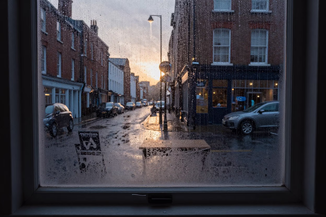 Bristol Dawn Street Scene with Condensation on Window Frame and Urban Details in in Bristol, United Kingdom