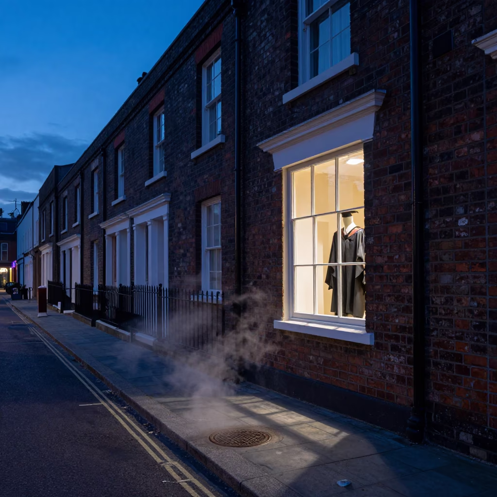 Bristol Dawn Street Scene with Graduation Gown Hanging in Window Before Sunrise in in Bristol, United Kingdom