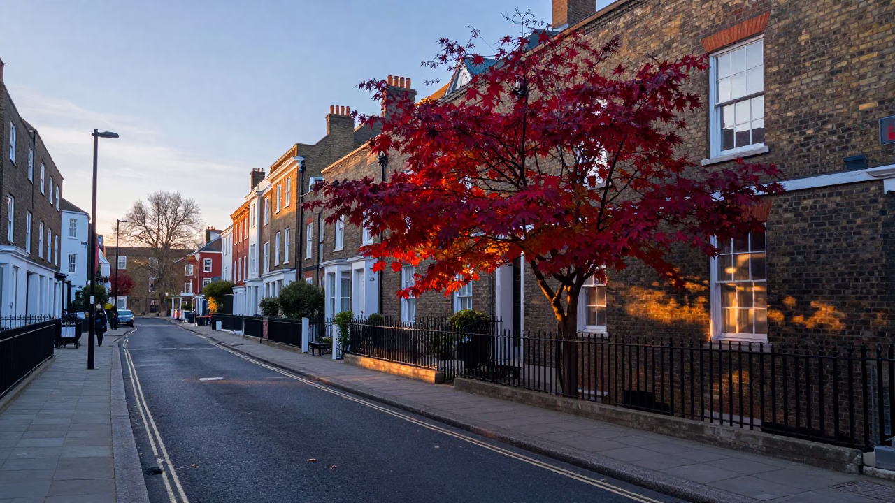 Bristol Dawn Street Scene with Japanese Maple and Historic Architecture in in Bristol, United Kingdom