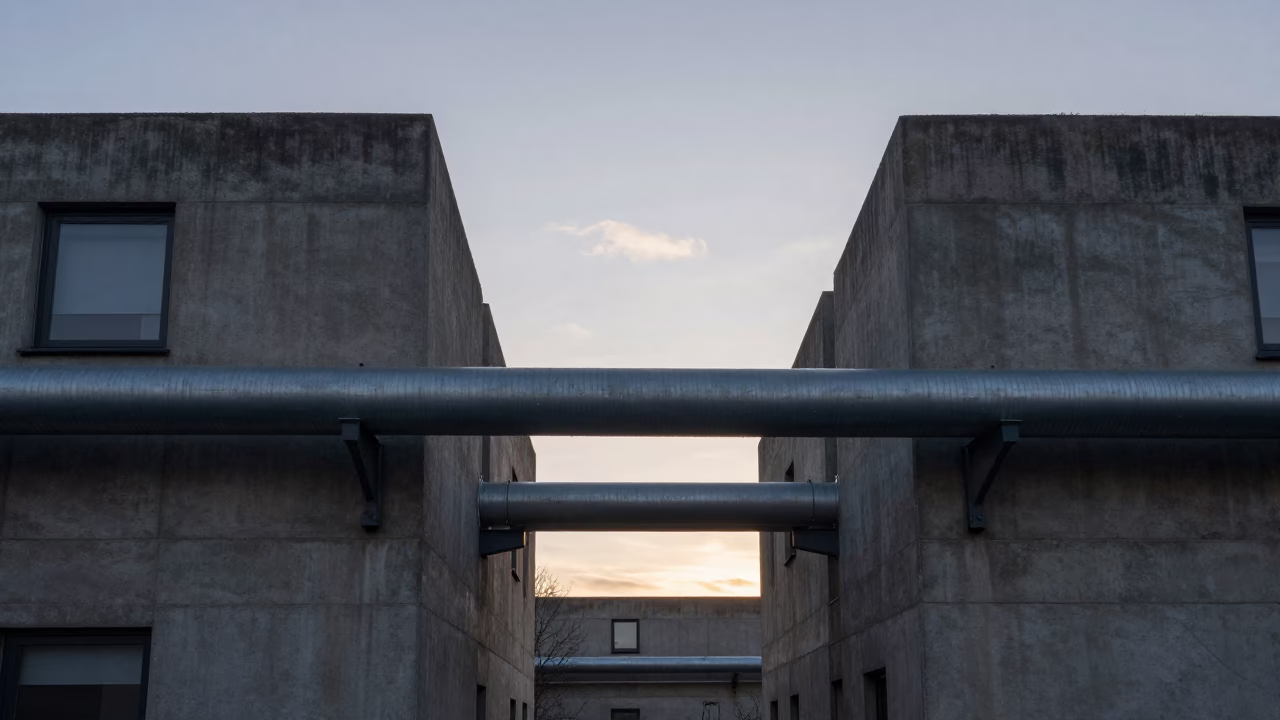 Bristol District Heating Pipes Crossing Concrete Apartment Blocks Before Sunrise in in Bristol, United Kingdom