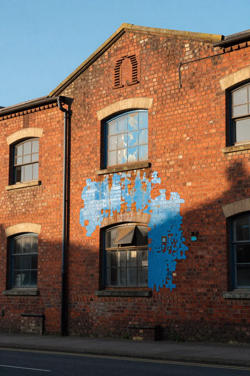 Bristol Docklands Late Afternoon Light on Chipped Blue Enamel and Brickwork in in Bristol, United Kingdom