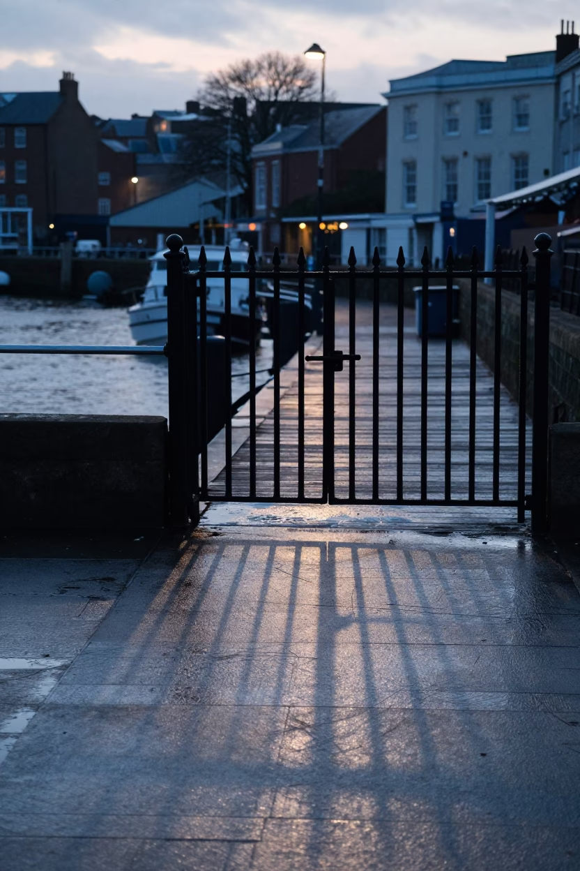 Bristol Docks at Dawn with Wicker Shadow and Scratches on Hinge in in Bristol, United Kingdom