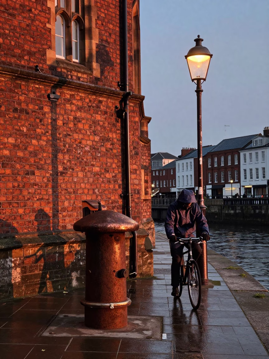 Bristol Docks Before Dusk Copper Light Street Scene with Bicycle and Brickwork in in Bristol, United Kingdom