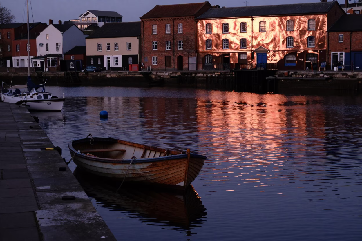 Bristol Docks Copper Light Reflections on Moored Rowboat and Glass in in Bristol, United Kingdom