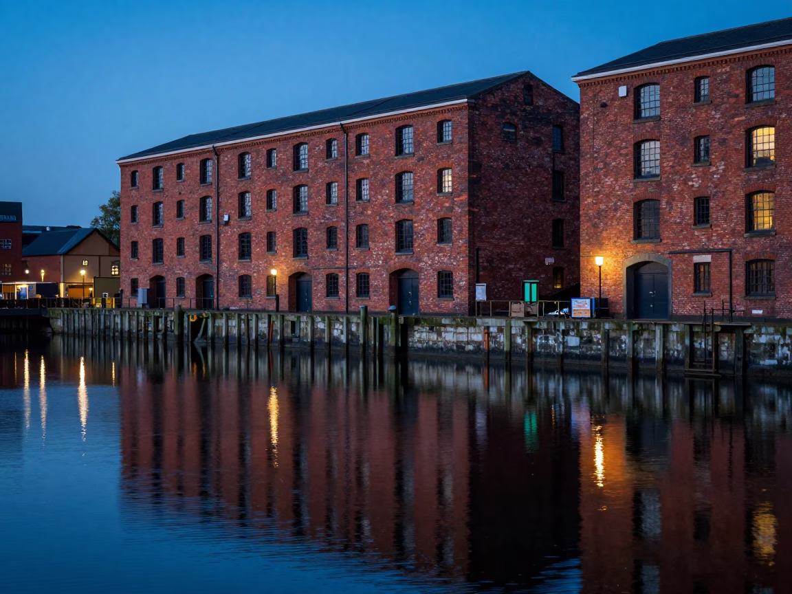 Bristol Docks Evening Light Reflecting on Grease Sheen and Brickwork in in Bristol, United Kingdom