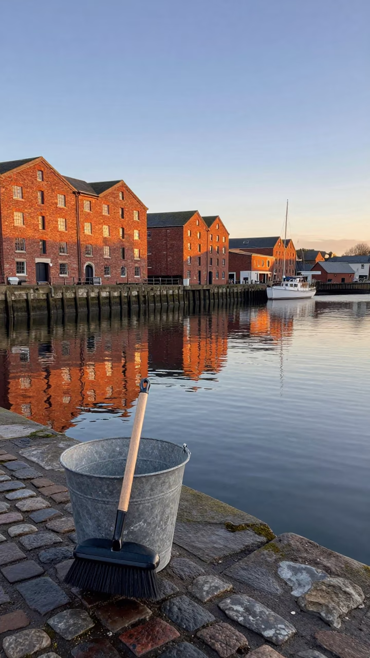 Bristol Docks Nautical Dawn Metal Bucket and Coat Brush Near Historic Warehouses in in Bristol, United Kingdom