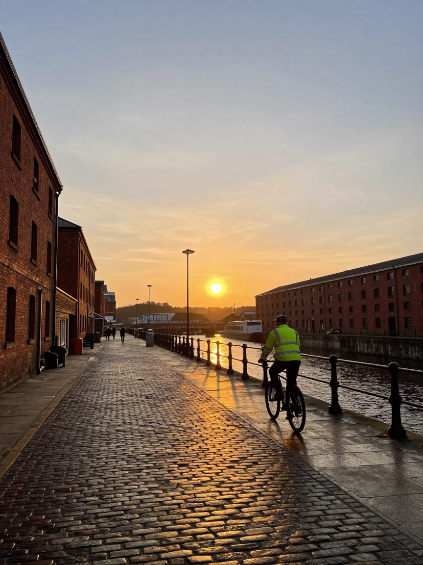 Bristol Docks Sunset Golden Hour Street Scene with Red Brick Warehouses in in Bristol, United Kingdom