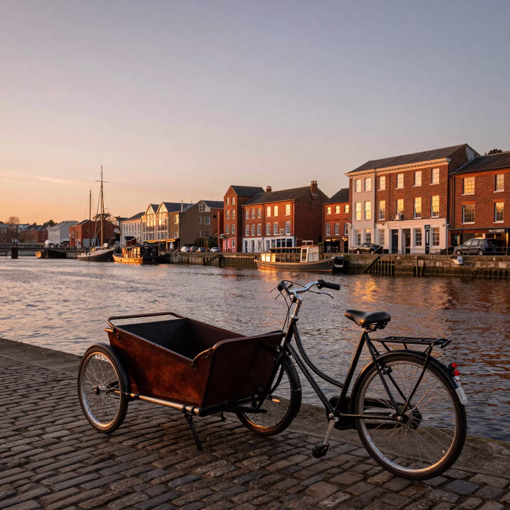 Bristol Docks Sunset View with Vintage Cargo Bicycle and Cut Flowers in in Bristol, United Kingdom