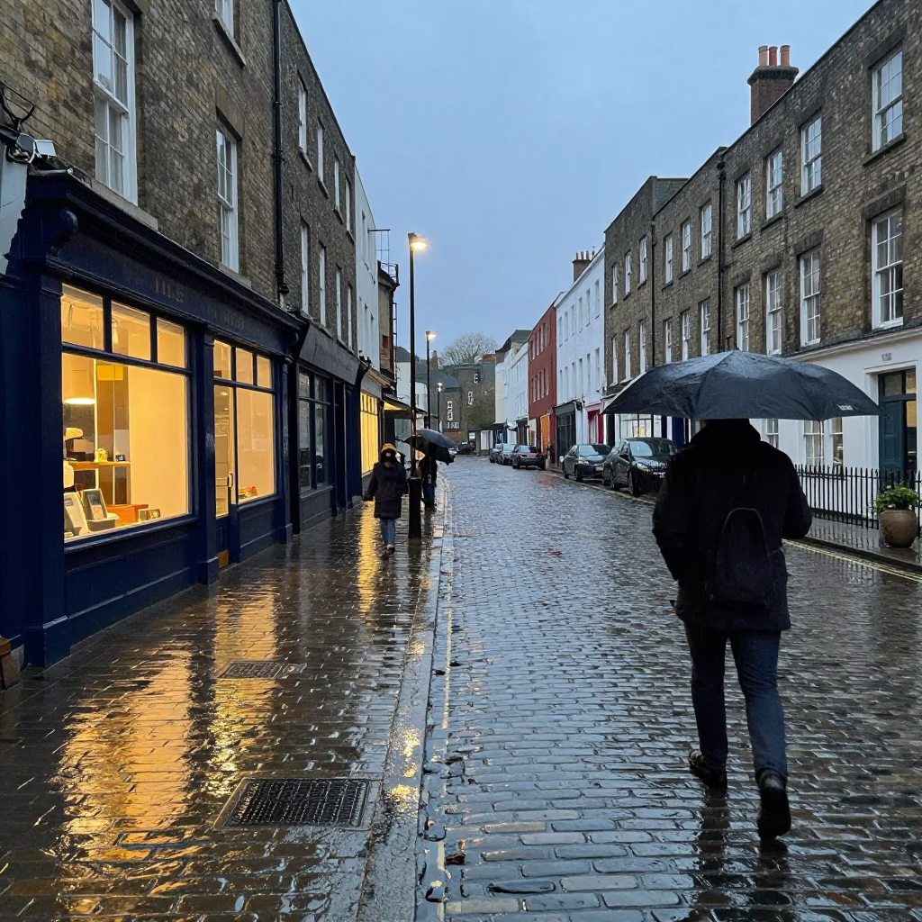 Bristol Dusk Street Scene Rain Slipping Umbrella Handle Near Shop Door in in Bristol, United Kingdom