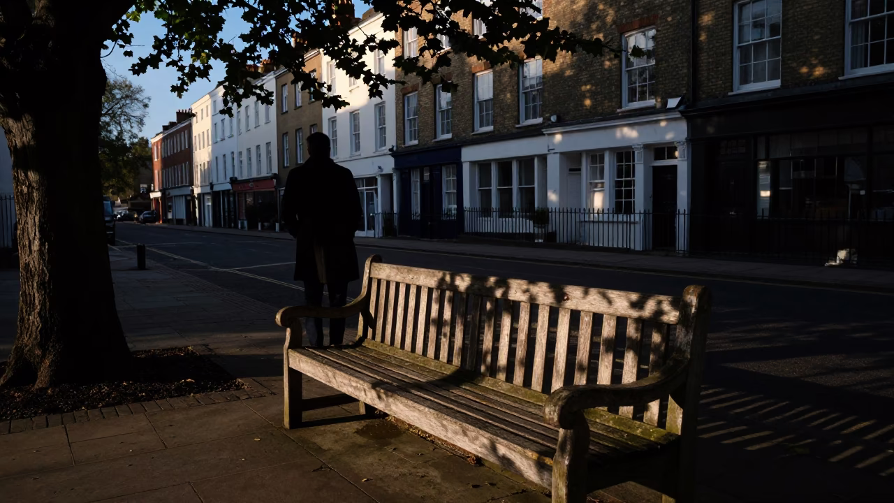 Bristol Early Evening Street Scene with Leaf Shadows and Wooden Bench in in Bristol, United Kingdom