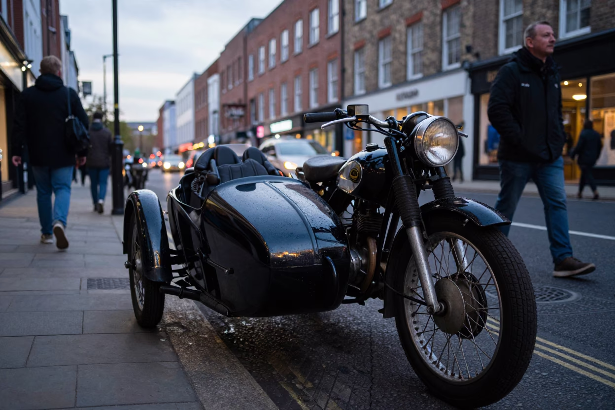 Bristol Early Evening Street Scene With Vintage Motorcycle Sidecar And Urban Details in in Bristol, United Kingdom