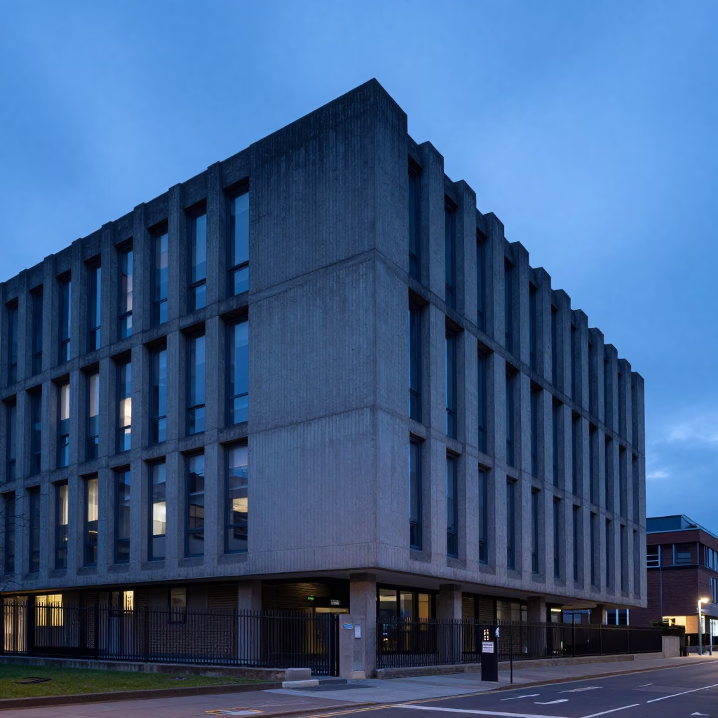 Bristol Evening Blue Hour Concrete Brutalist University Building and Street Life in in Bristol, United Kingdom