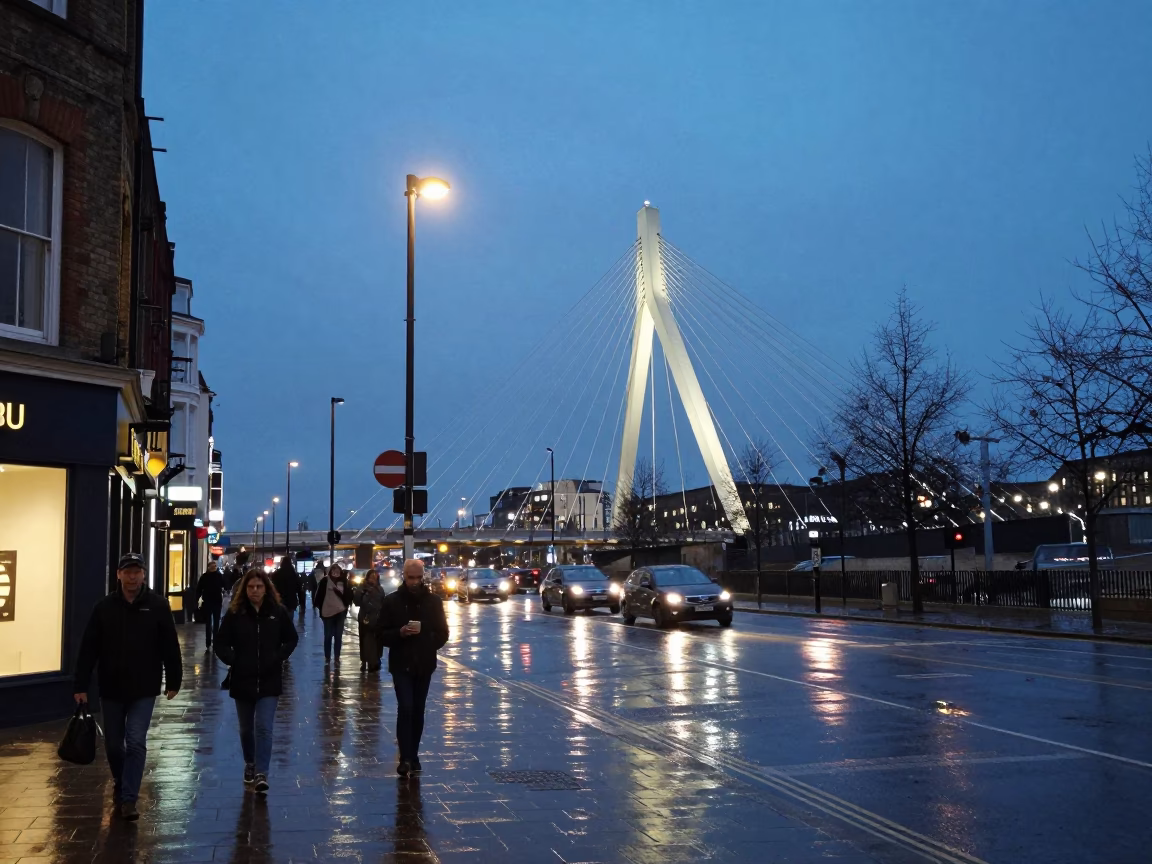 Bristol Evening Street Scene with Cable-Stayed Bridge Illuminated Against Dark Harbor in in Bristol, United Kingdom