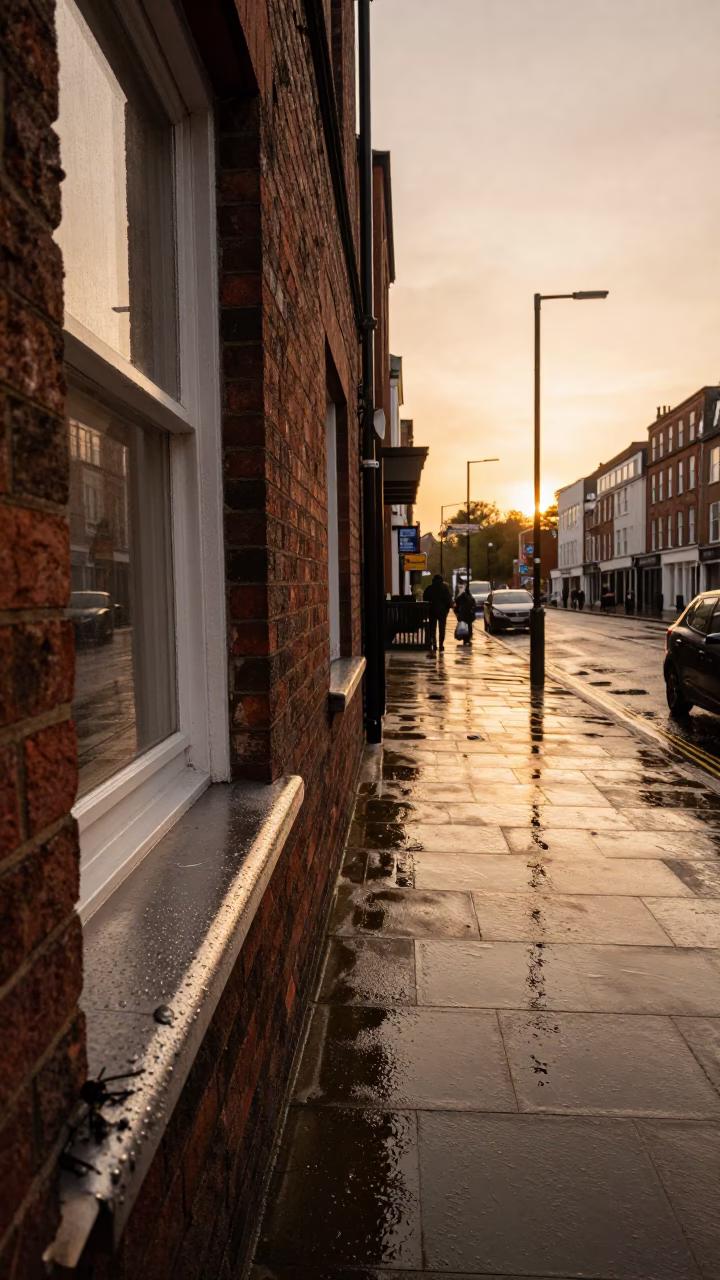 Bristol Evening Street Scene with Condensation and Urban Details in Honeyed Light in in Bristol, United Kingdom
