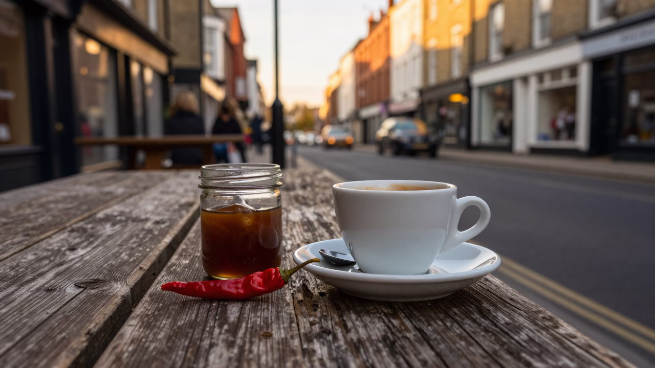 Bristol Evening Street Scene with Espresso Cup and Chili Peppers in Honeyed Light in in Bristol, United Kingdom