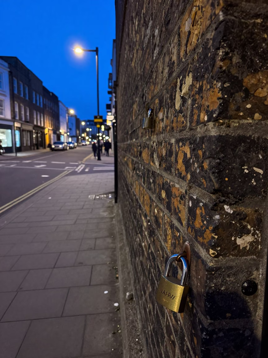 Bristol evening street scene with metal padlock on brick wall and city lights in in Bristol, United Kingdom