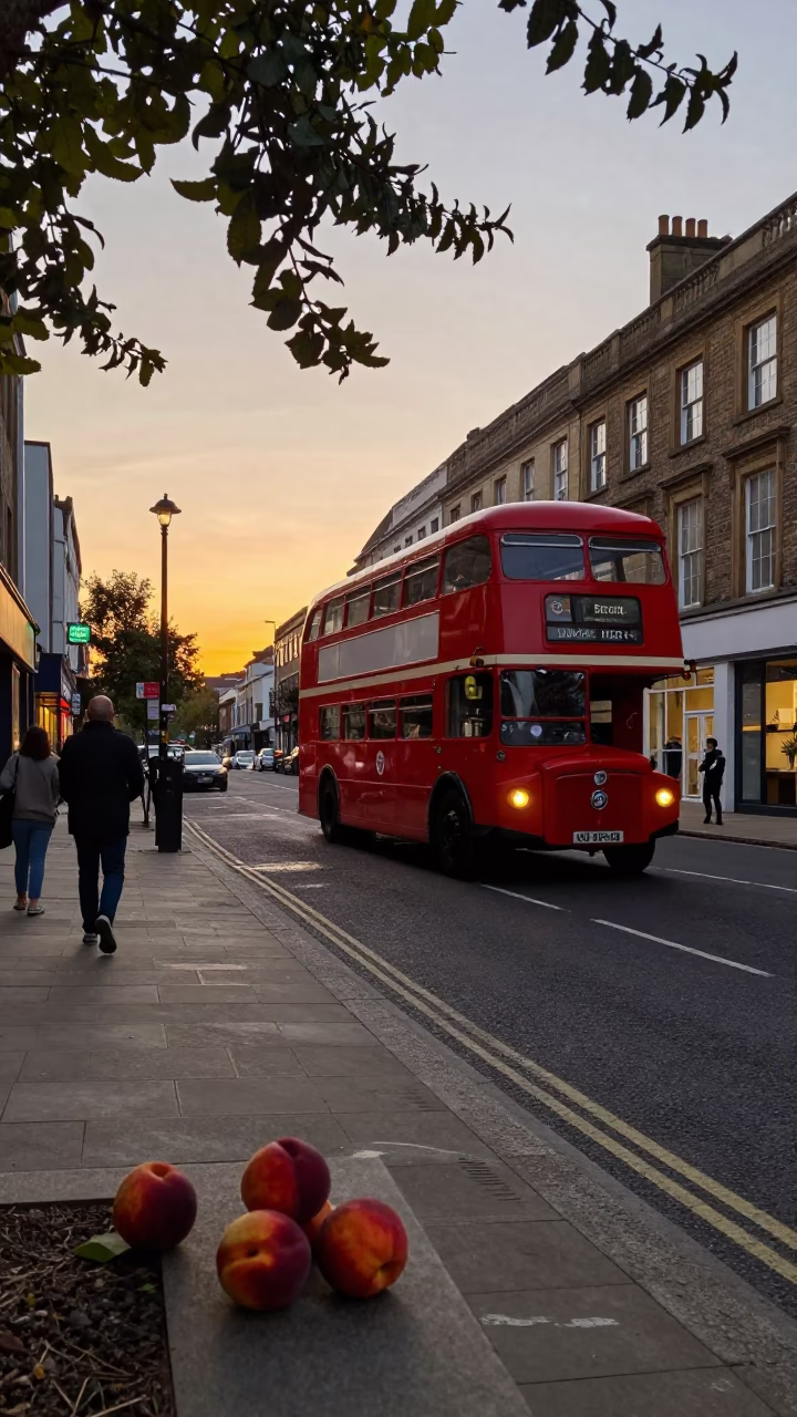 Bristol evening street scene with nectarines and classic bus in honeyed light in in Bristol, United Kingdom
