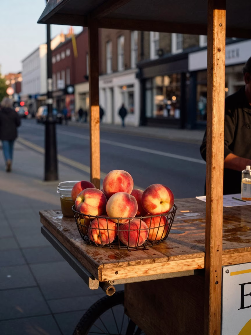 Bristol Evening Street Scene with Nectarines and Urban Details in Honeyed Light in in Bristol, United Kingdom