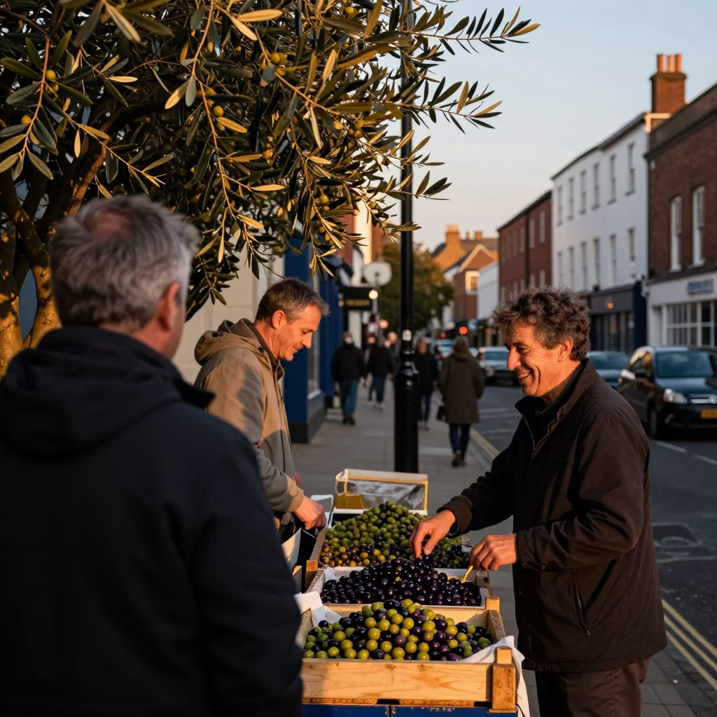Bristol Evening Street Scene with Olives and Local Interaction in in Bristol, United Kingdom